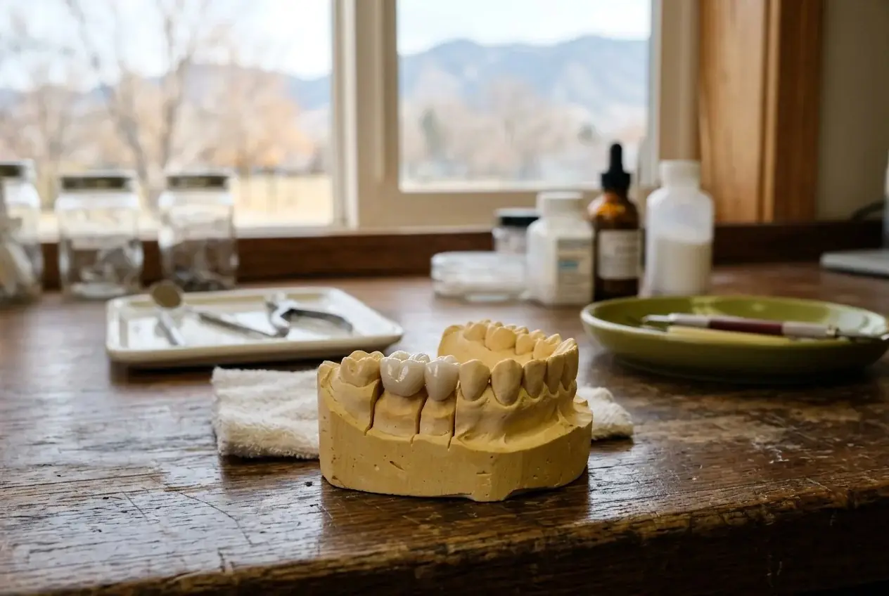 Dental cast with a porcelain bridge on a wooden workbench with dental tools in the background.