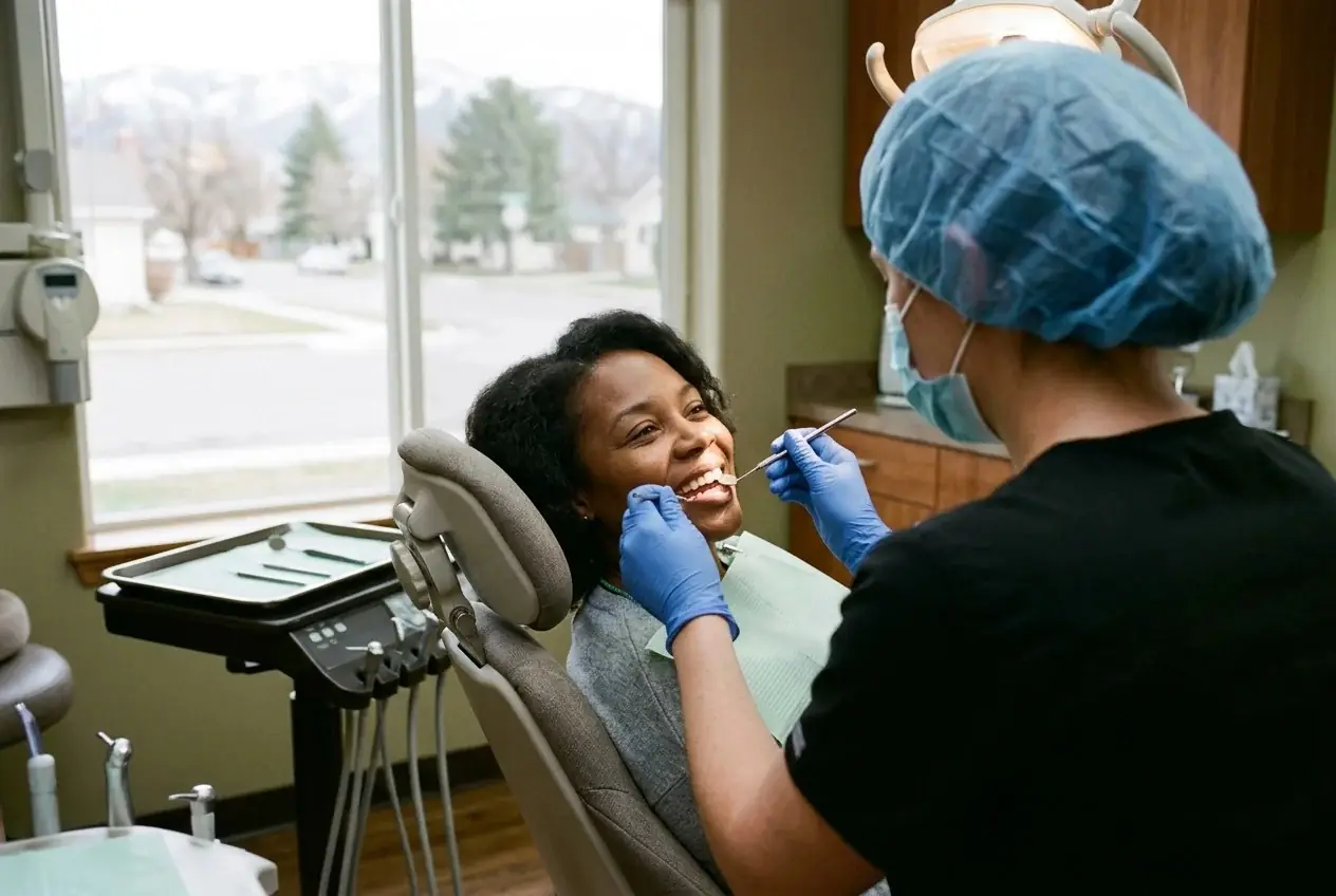 A dentist examines a patient's teeth with dental tools in a clinic.