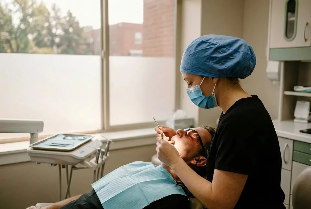 A dental professional examines the teeth of a patient reclining in a dental chair.