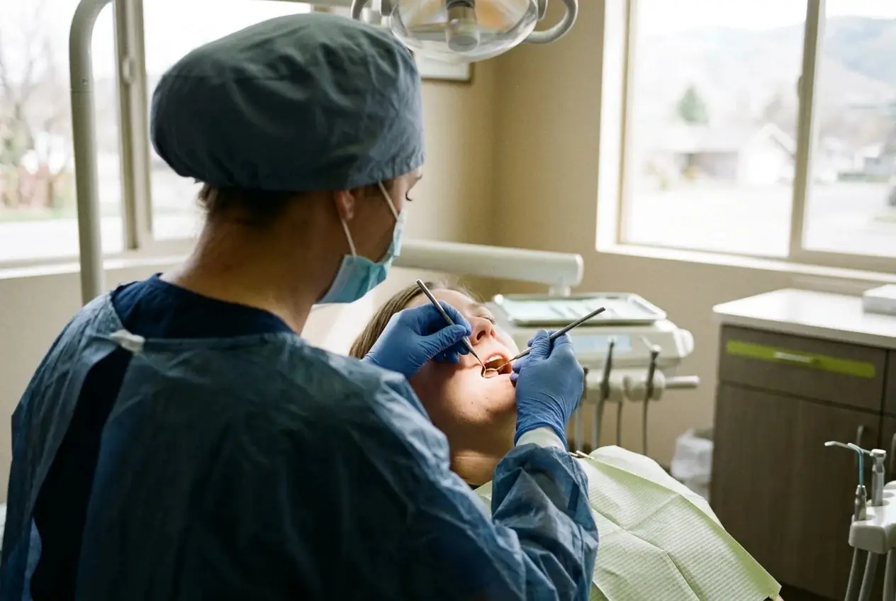 A dental professional examines a patient's teeth using dental instruments.