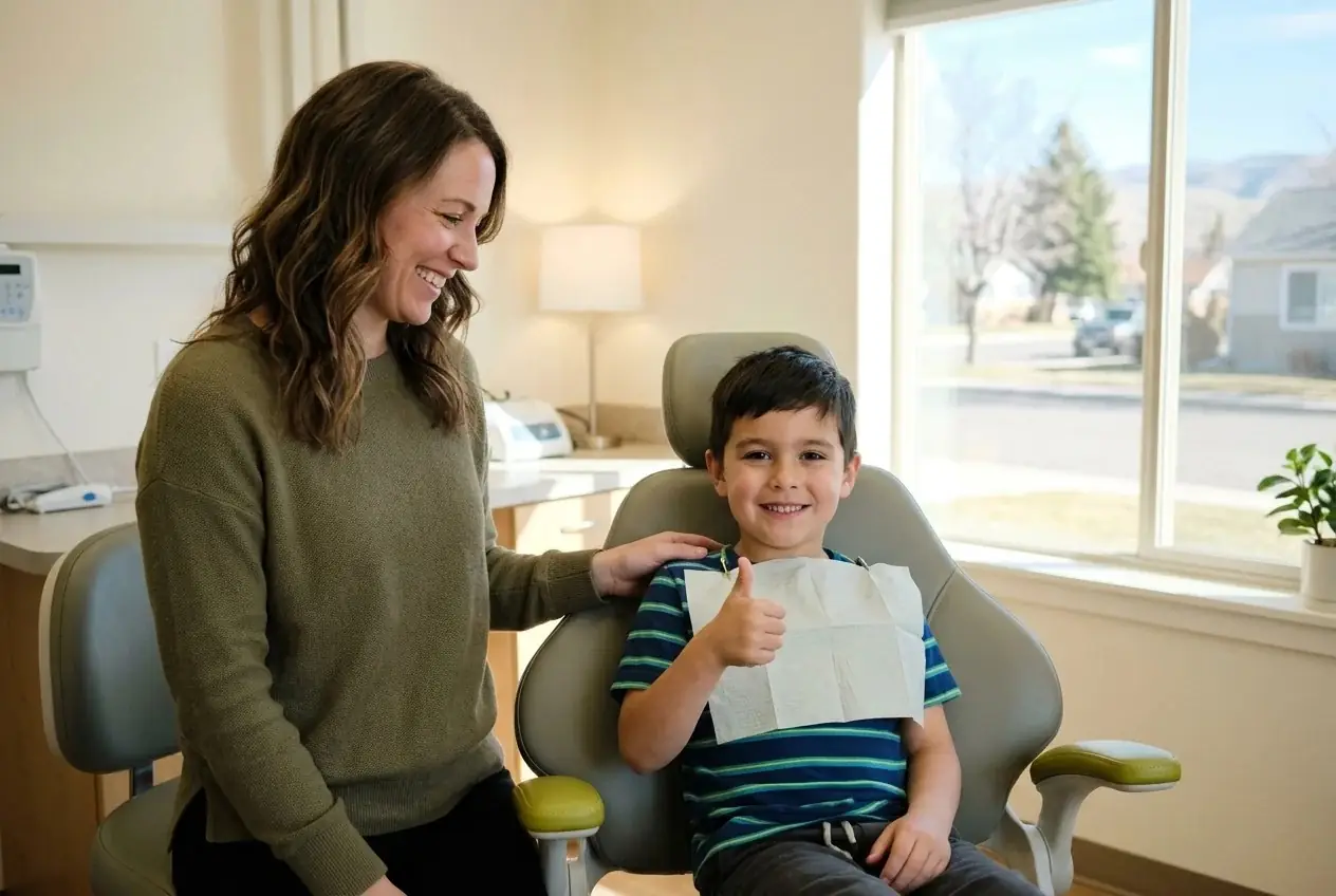 A child wearing a dental bib gives a thumbs-up in a dental chair next to a smiling adult.