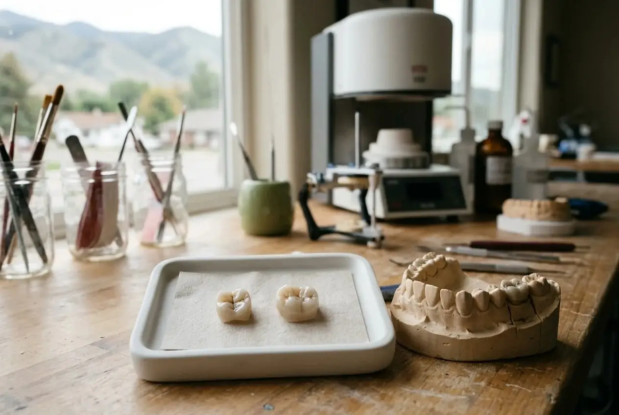 Ceramic dental crowns on a tray beside a plaster teeth model on a dental lab workbench.