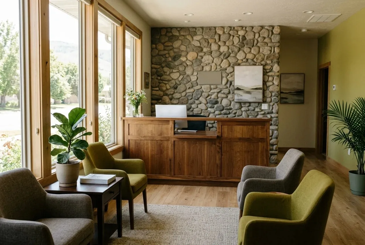 Reception area featuring a wooden front desk, armchairs, and a stone accent wall.