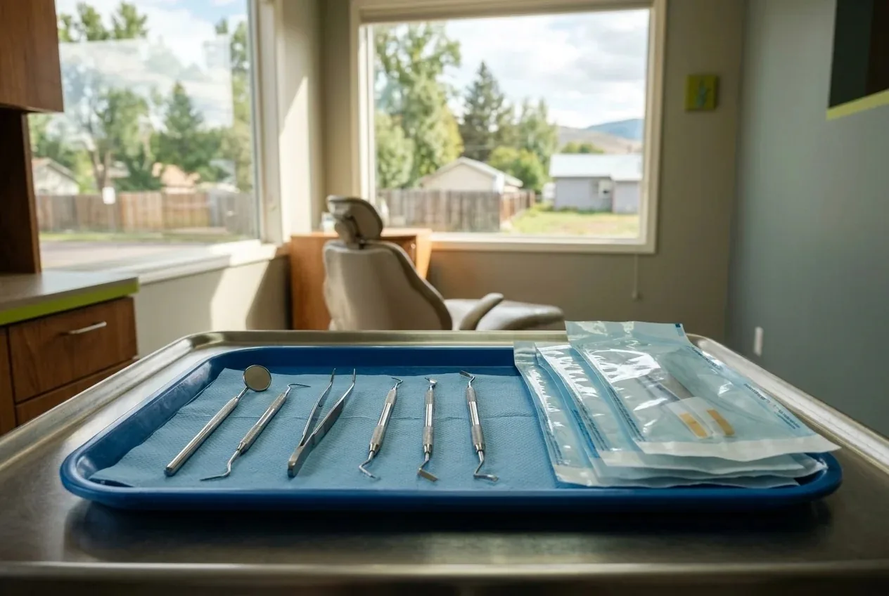 Dental tools on a blue tray in front of an examination chair and a large window.